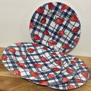 Hobby Lobby Set of 4 Melamine Dessert Plates Strawberries Plaid 8”NEW